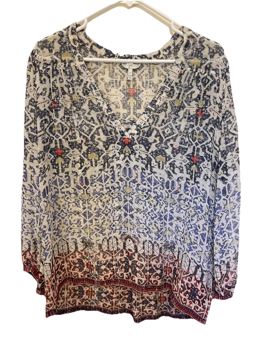 Joie Printed V-Neck Boho Blouse in White and Navy with Rust Accents Silk Sheer